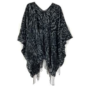 Laundry by Shelli Segal | Leopard Print Gray & Black Fringe Shawl
